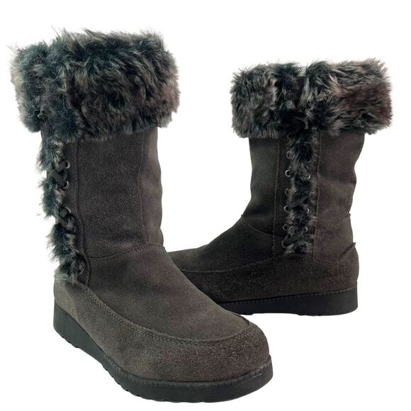 White Mountain Gray Suede Boots 7.5 Fur Lined Mid Calf Cabincore Comfy Winter - Picture 1 of 11